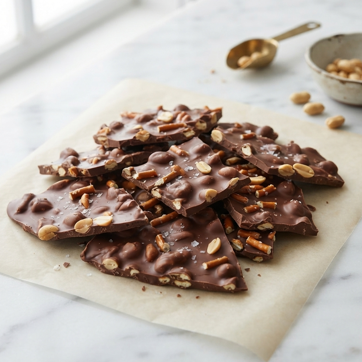 Sprinkling Sea Salt on Bark A close-up of a large slab of dark chocolate bark studded with chopped pecans and sprinkled with flaky sea salt before being broken.