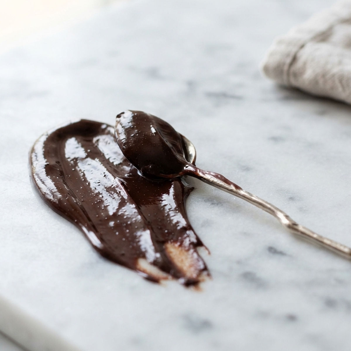 Spreadable Ganache Texture A close-up of a silver spoon scooping up thick, glossy, spreadable Nutella ganache from a white bowl.