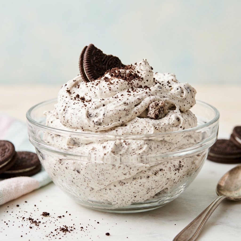 Fluffy Cookies and Cream Buttercream Frosting swirled on a chocolate cupcake