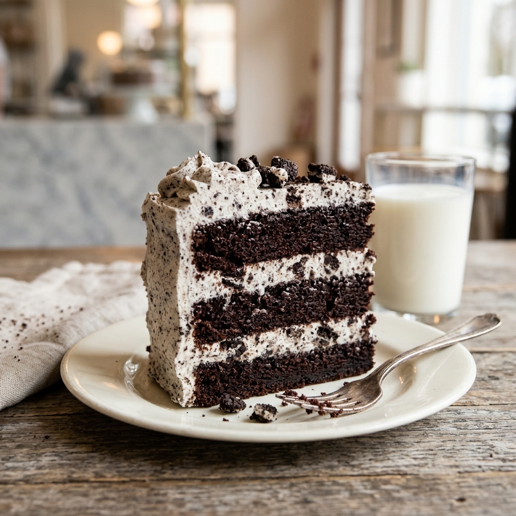 Layer chocolate cake frosted with cookies and cream buttercream