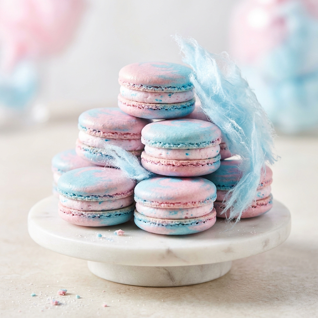 Cotton Candy Macarons with pastel pink and blue swirled shells stacked on marble