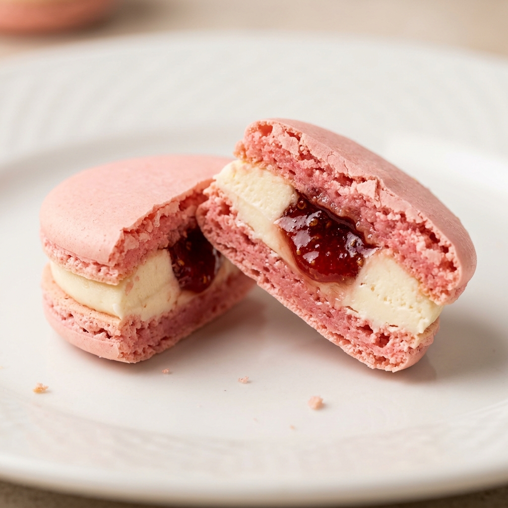 Cross section of a Strawberry Cheesecake Macaron showing filling layers