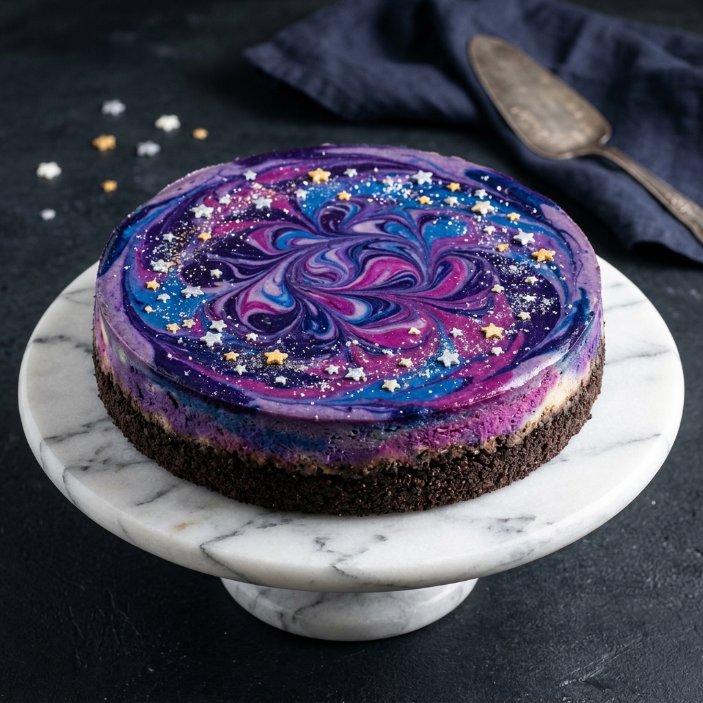 Galaxy Swirl Cheesecake with vibrant cosmic blue and purple batter swirls
