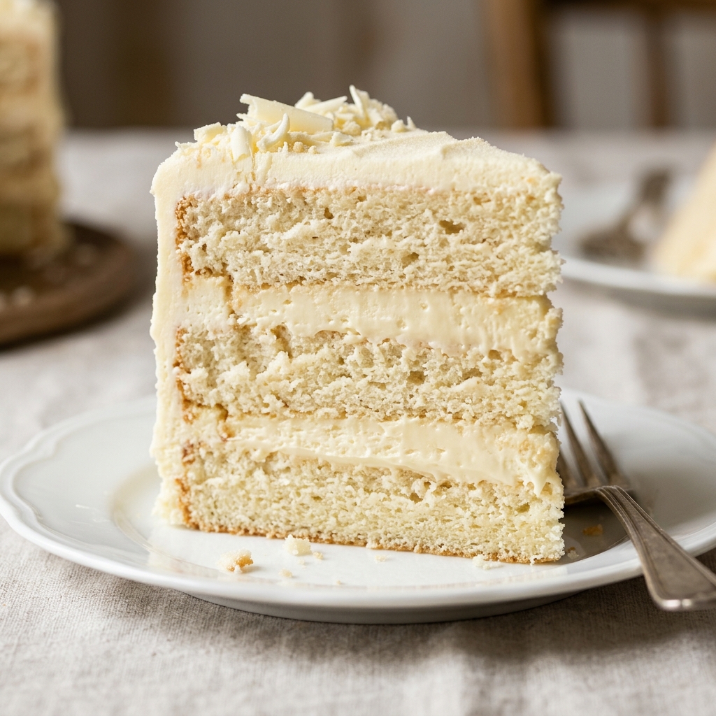 Slice of white layer cake filled with thick white chocolate ganache filling