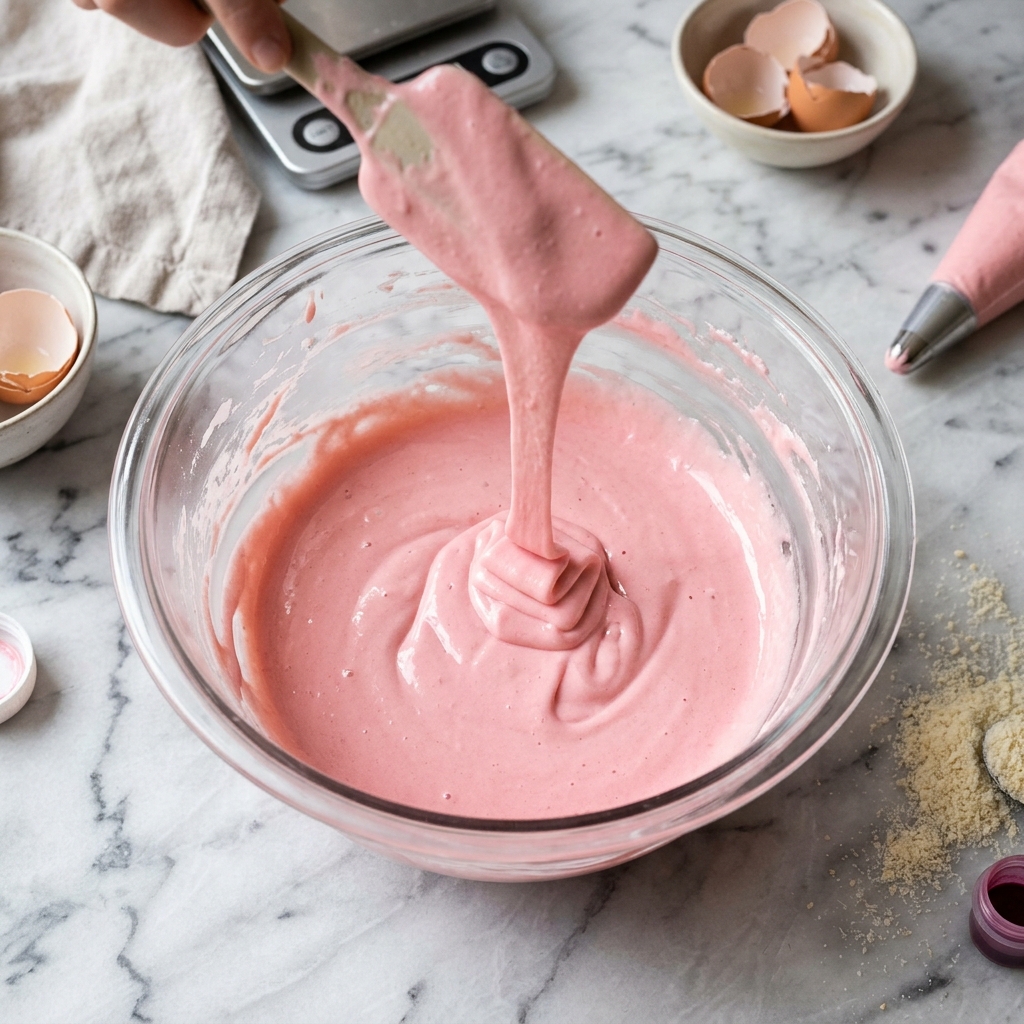 Pink macaron batter reaching ribbon consistency during macaronage stage