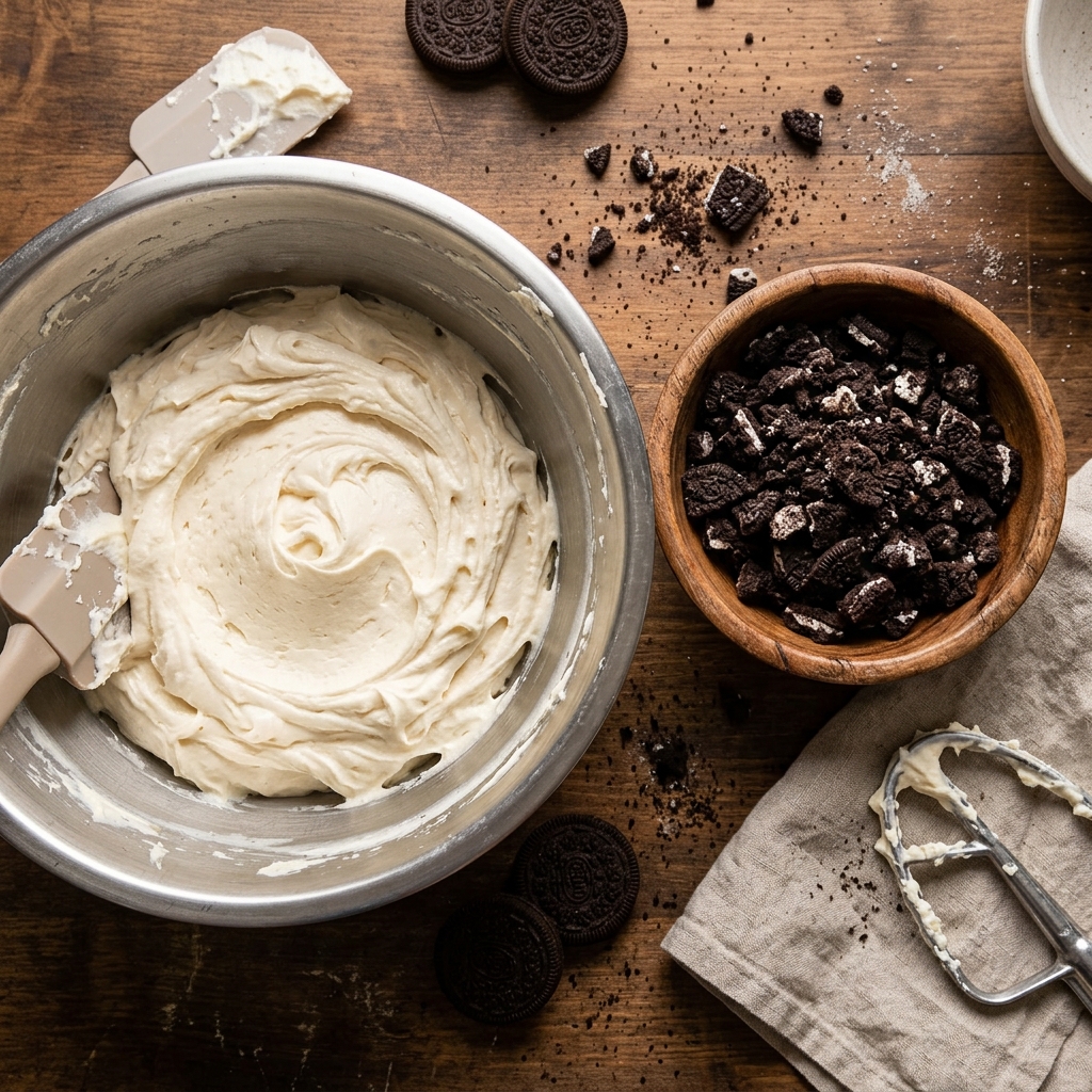 Creaming butter and powdered sugar for cookies and cream frosting