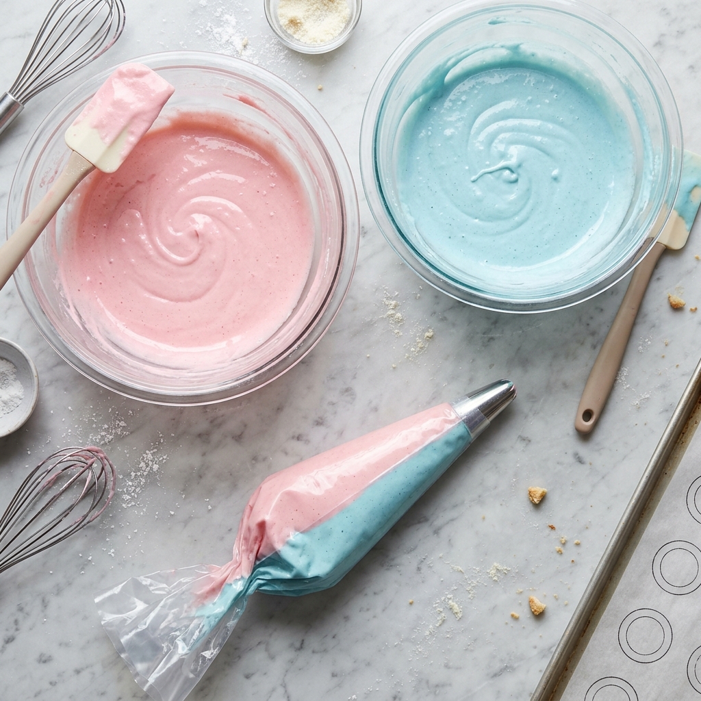 Pastel pink and sky blue macaron batter in glass bowls ready for swirled piping