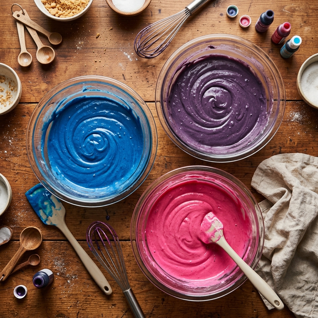 Divided Galaxy Swirl Cheesecake batter in bowls colored blue purple and pink