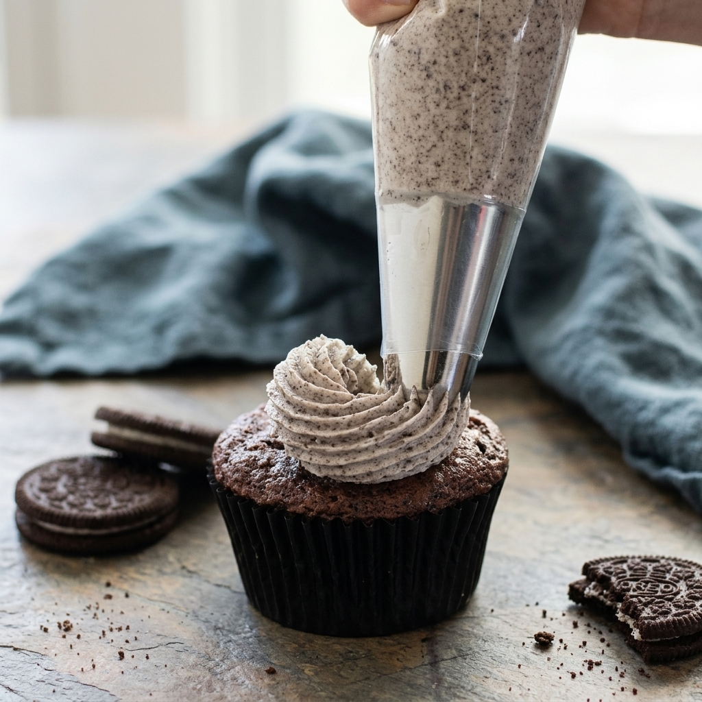 Piping cookies and cream buttercream onto a chocolate cupcake