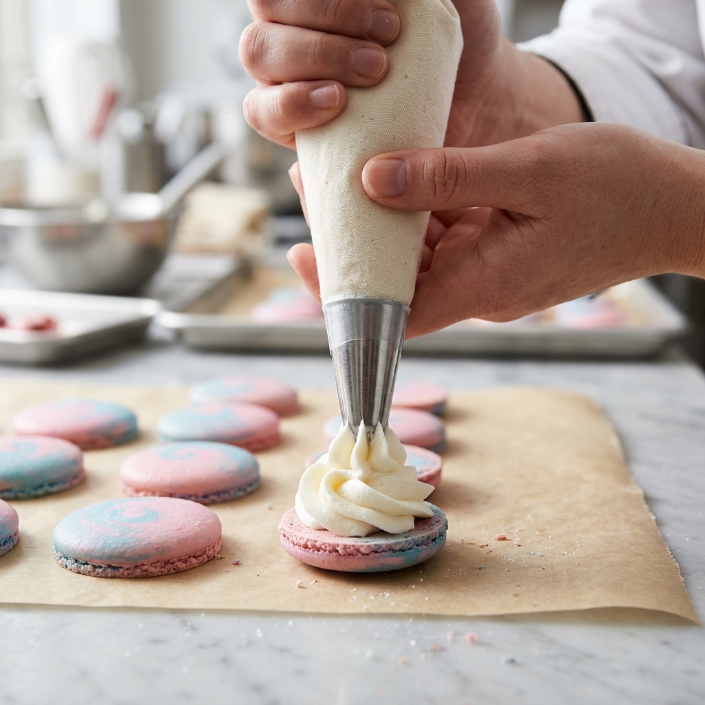 Piping sweet cotton candy buttercream onto swirled pink and blue macaron shells