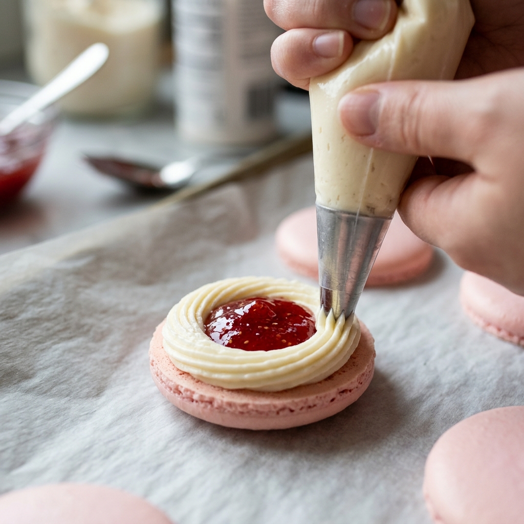 Piping cream cheese filling and filling center with strawberry jam on macaron shells