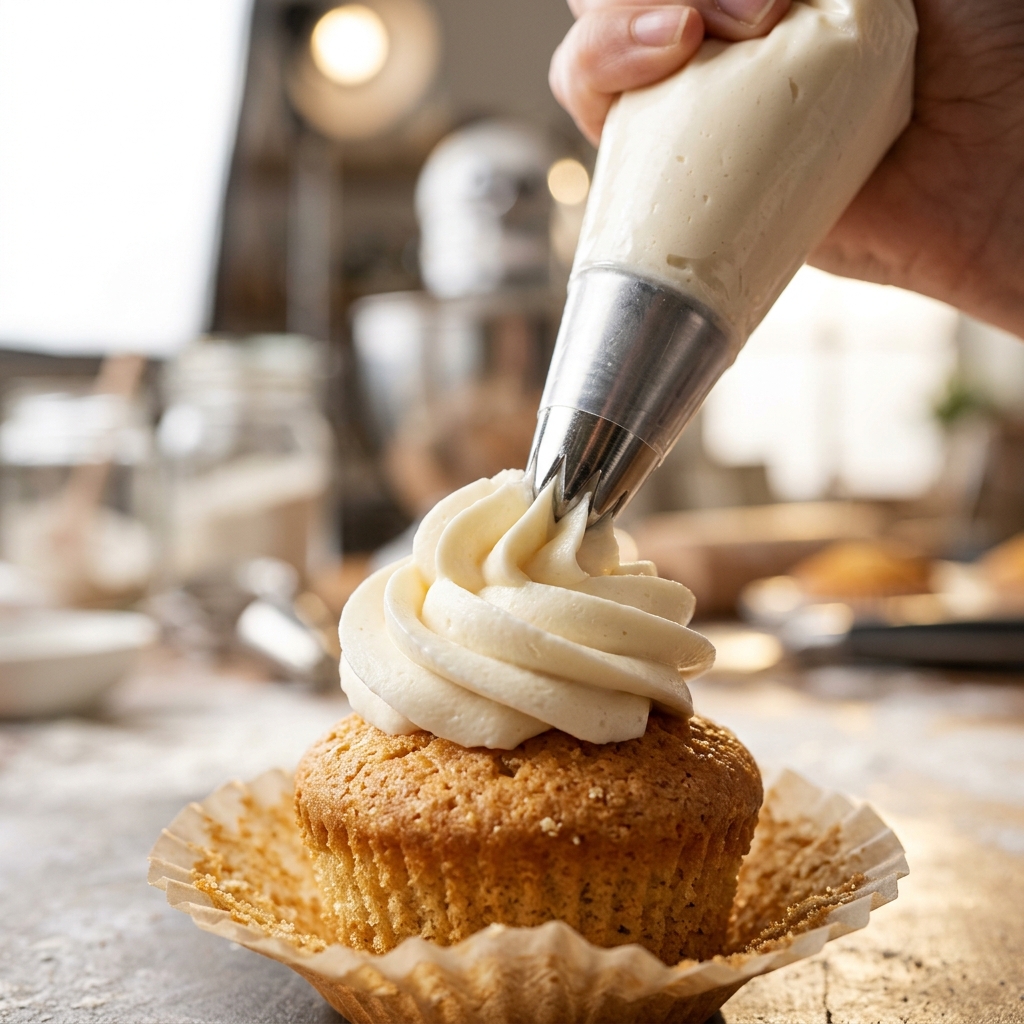 Piping ruffled swirls of Vanilla Whipped Ganache Frosting onto a vanilla cupcake