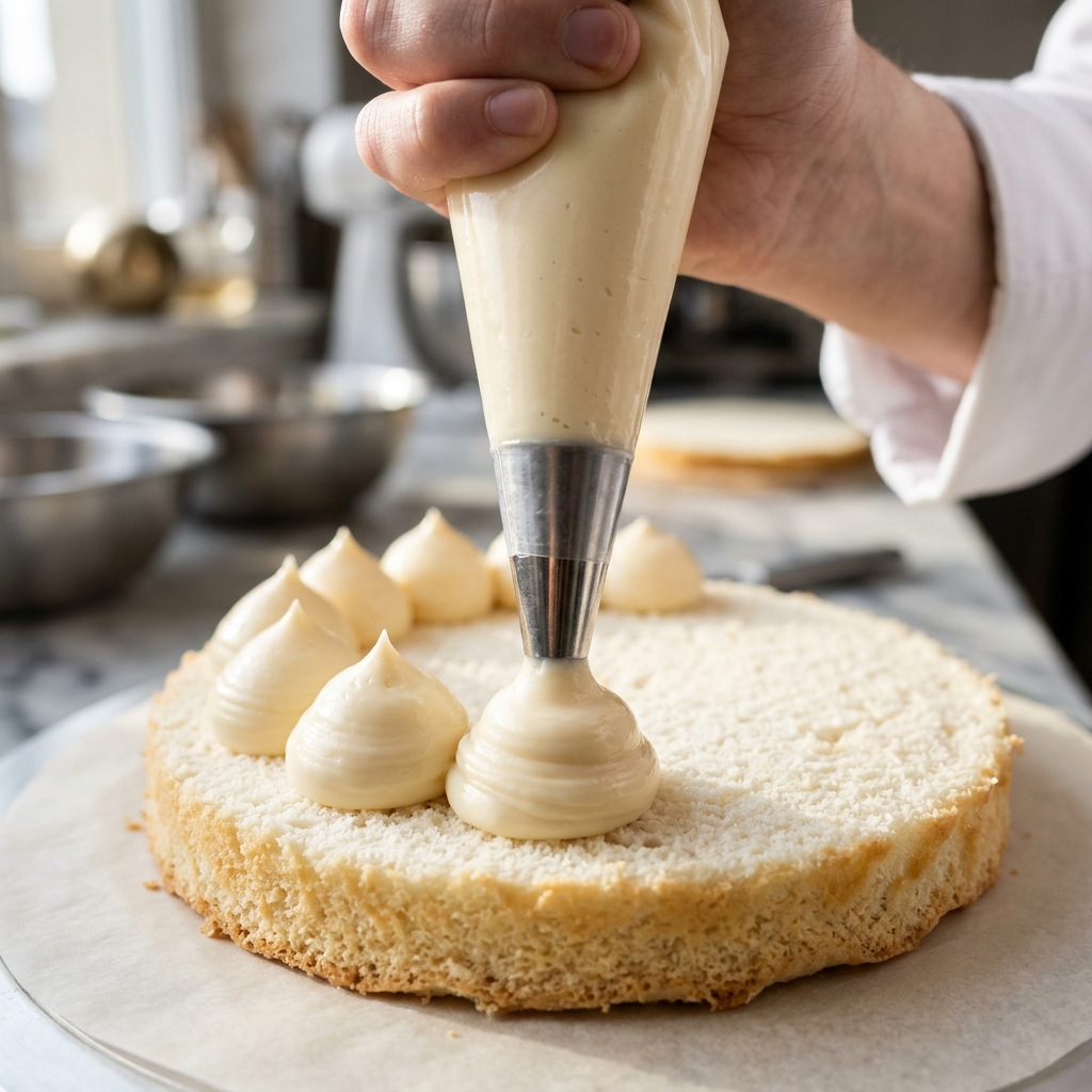 Piping smooth white chocolate ganache filling onto a cake layer