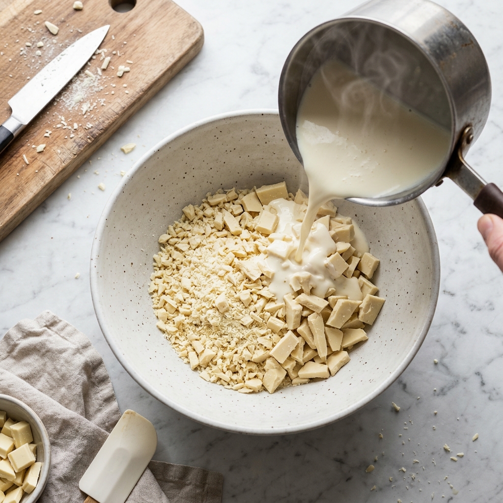 Hot heavy cream poured over chopped white chocolate in a glass bowl