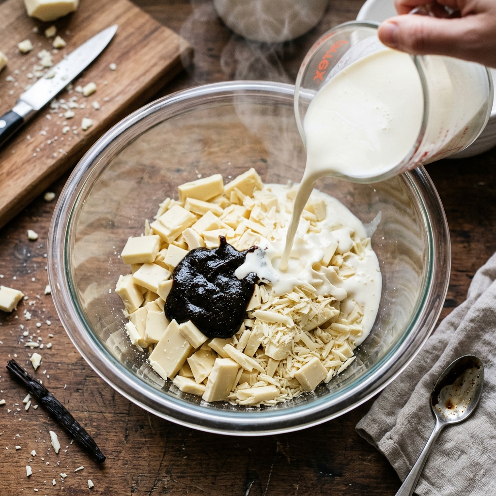 Warm heavy cream poured over chopped white chocolate and vanilla bean paste