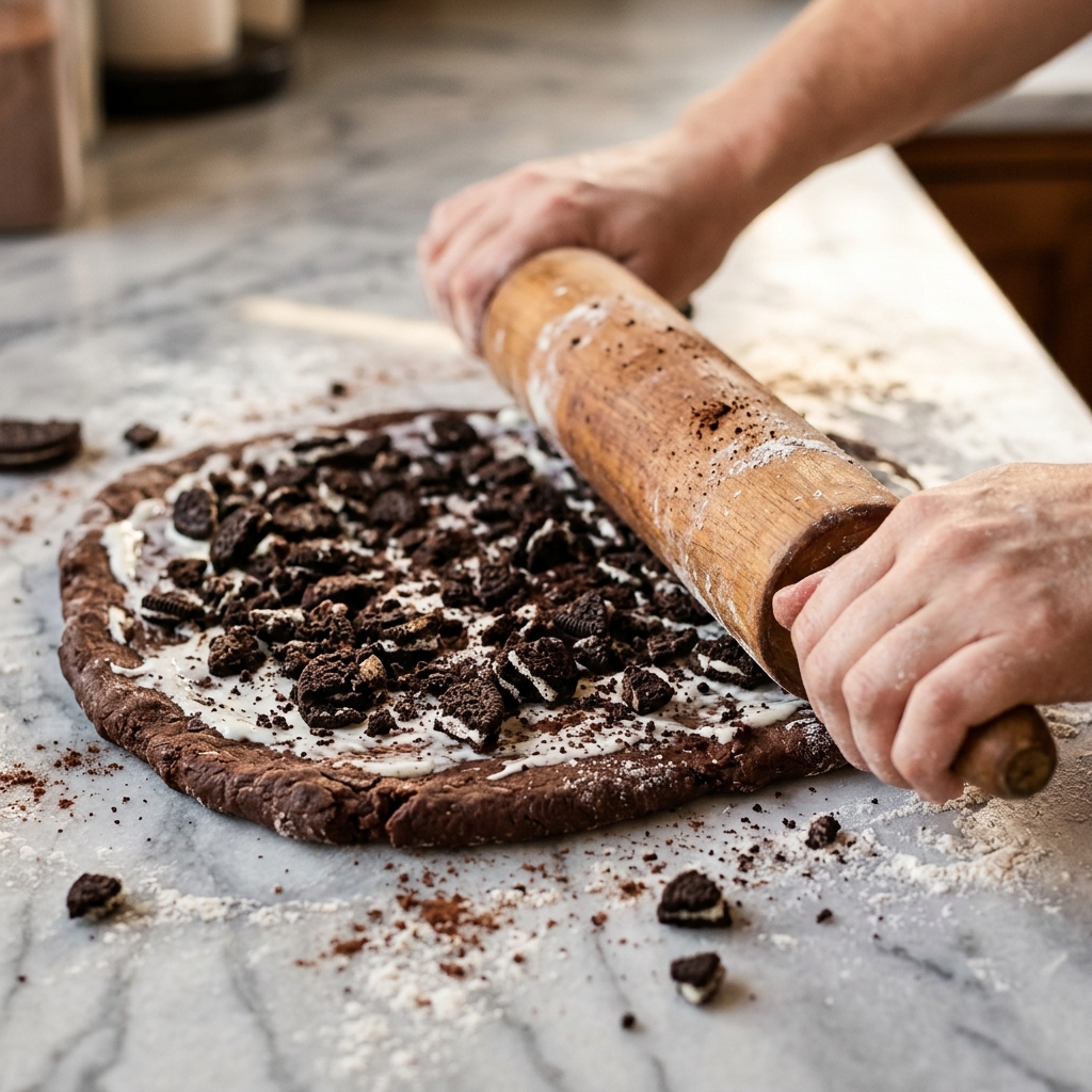 Shaping Oreo Bread Loaf - h2cake.com Rolling flat chocolate dough with sweet cream filling and crushed Oreo pieces for Oreo Bread