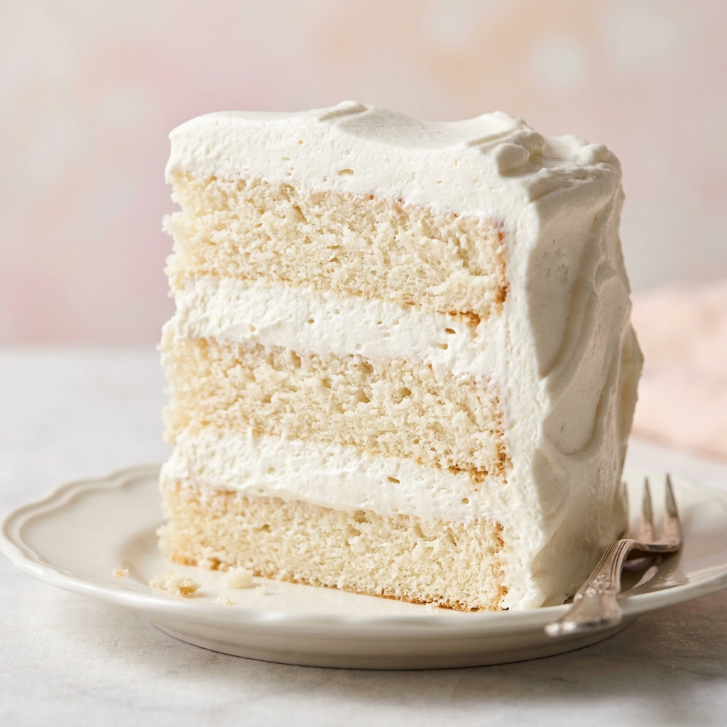 Slice of vanilla cake filled and frosted with Vanilla Whipped Ganache Frosting