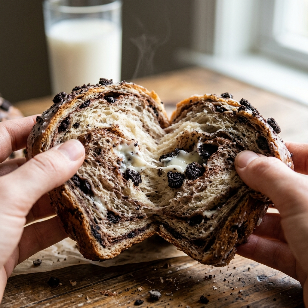 Warm Slice of Oreo Bread - h2cake.com Pulling apart a slice of warm Oreo Bread next to a glass of cold milk