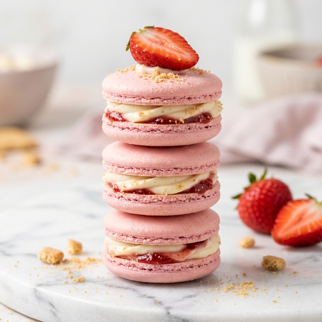 Strawberry Cheesecake Macarons stacked on a marble board with fresh strawberries