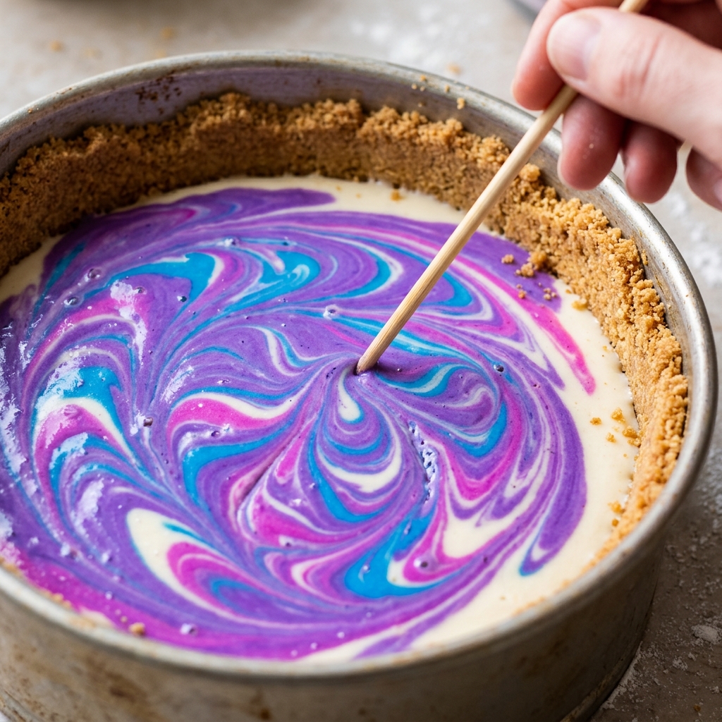 Swirling colored batter with a skewer to make a Galaxy Swirl Cheesecake