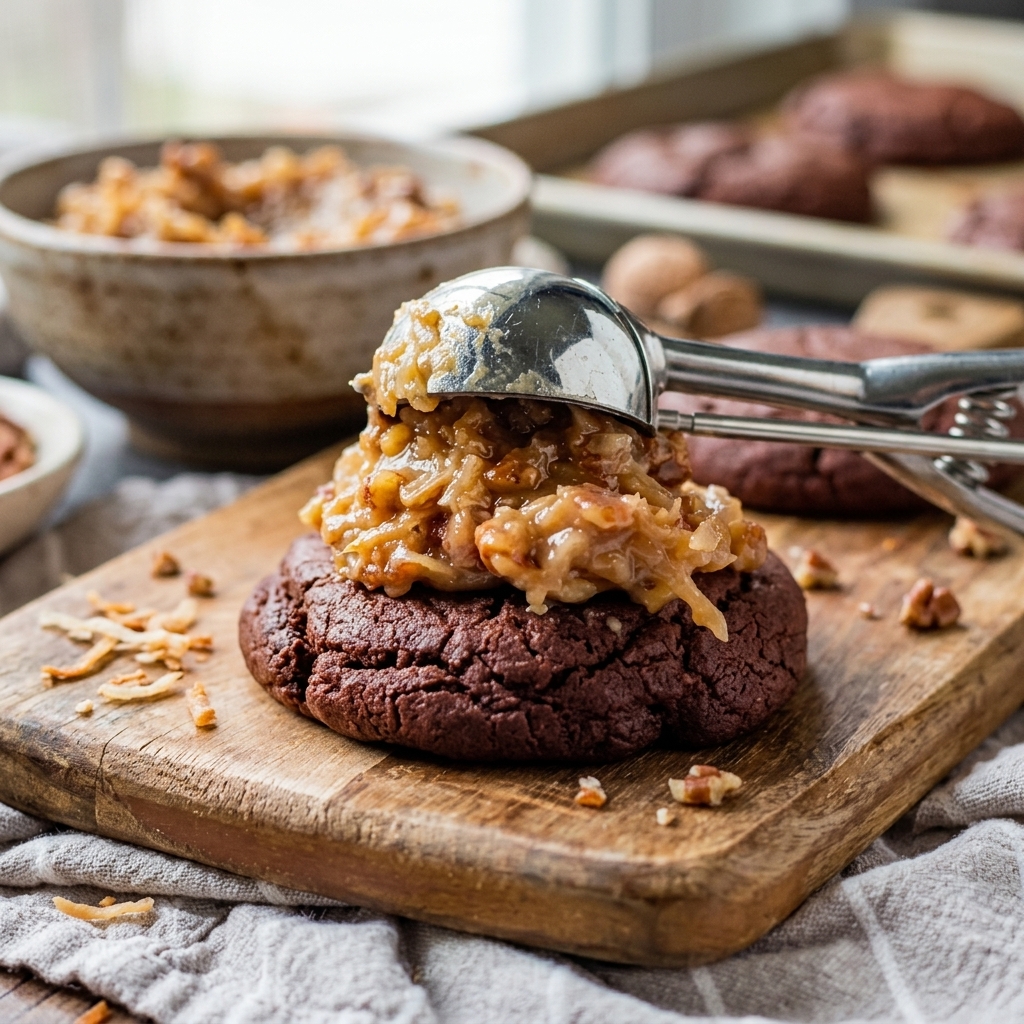 Scooping coconut pecan frosting onto baked chocolate cookies Scooping coconut pecan frosting onto baked chocolate cookies