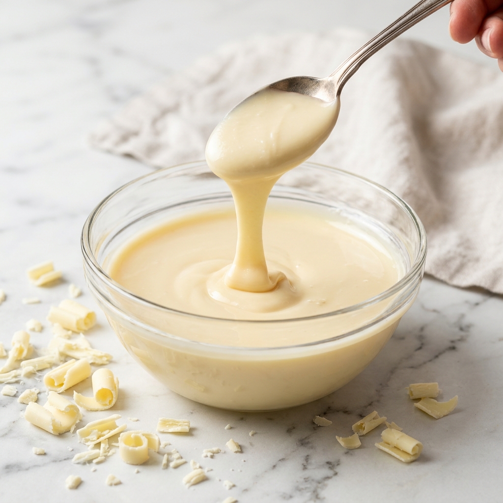 Silky White Chocolate Ganache Filling lifted with a spoon in a glass bowl